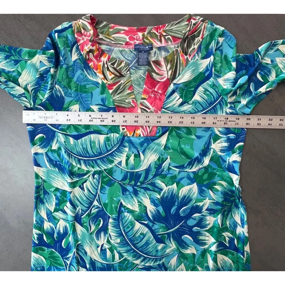 Caribbean Joe Blue Tropical Slinky Sheath Dress Women’s Size Medium 3/4 Sleeve - Picture 6 of 7